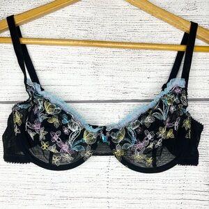 Yamamay Floral Embroidered Sheer Black Bra Size 34C